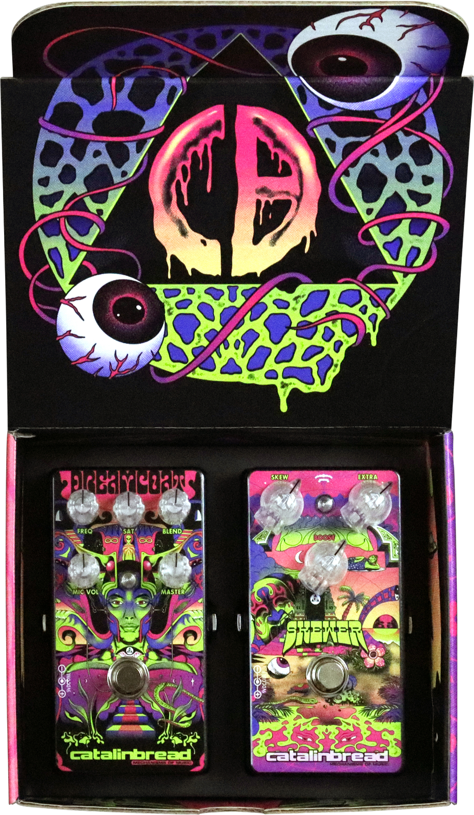 Catalinbread Dreamcoat & Skewer Guitar Effects Pedals Fronts in Opened Box