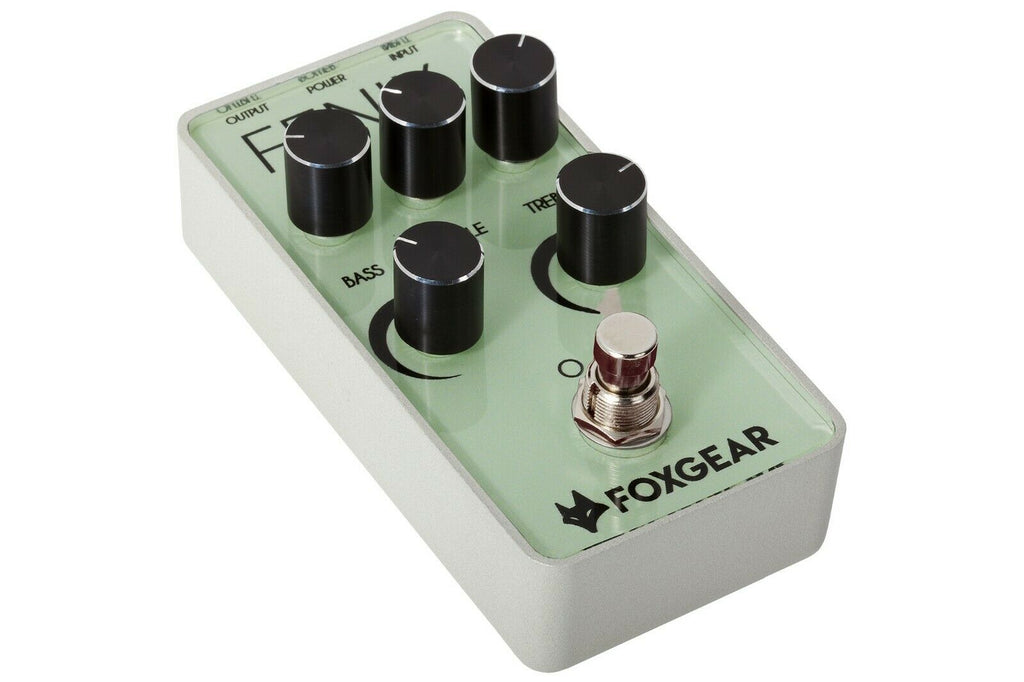 Foxgear Fenix overdrive pedal — green and silver angled front view
