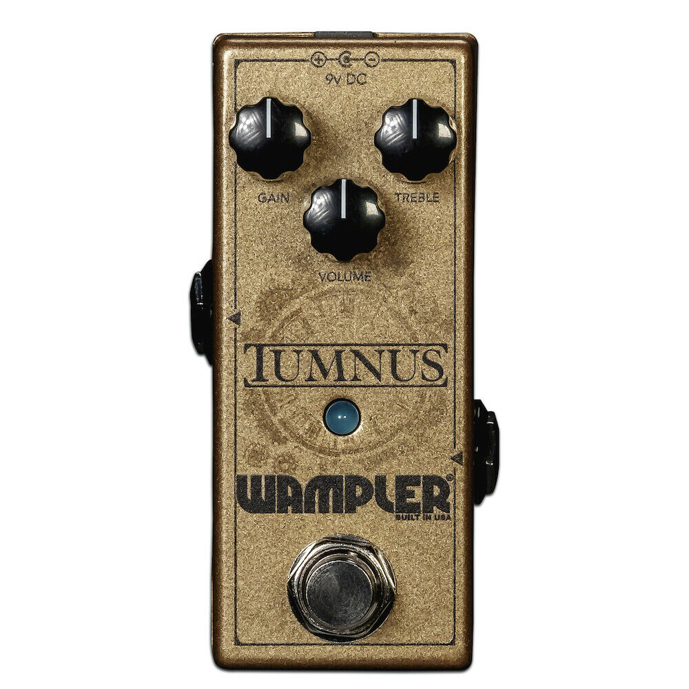 Wampler Tumnus gold mini pedal top view with Volume Gain Treble