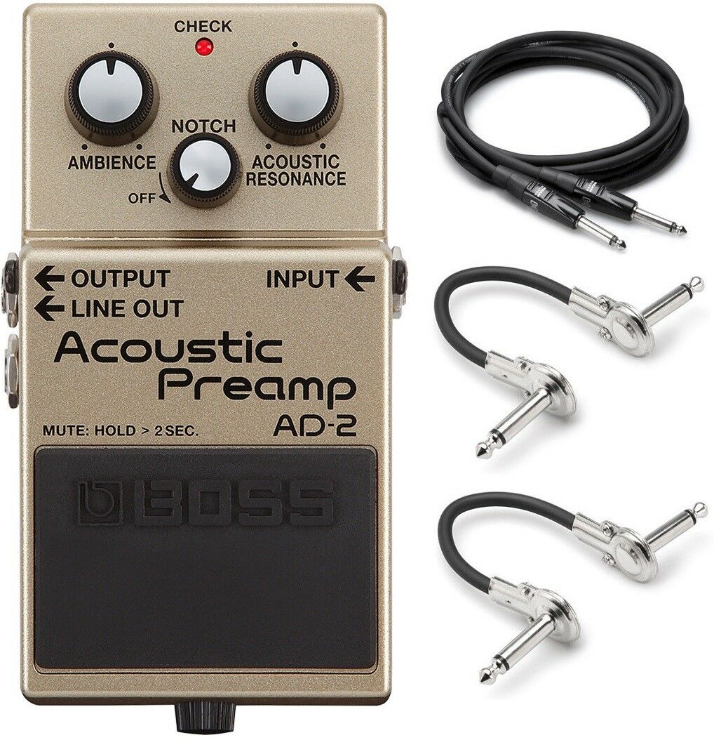 Boss AD-2 Acoustic Preamp pedal — champagne gold enclosure with included cables