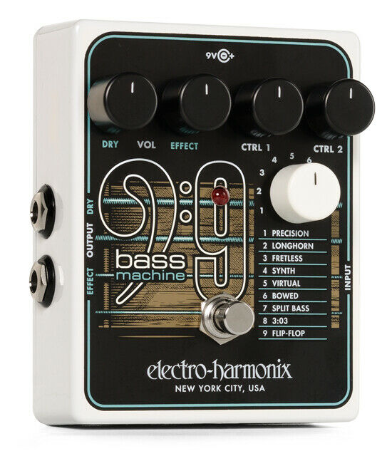 Electro-Harmonix Bass 9 Bass Machine pedal, white enclosure, angled front view