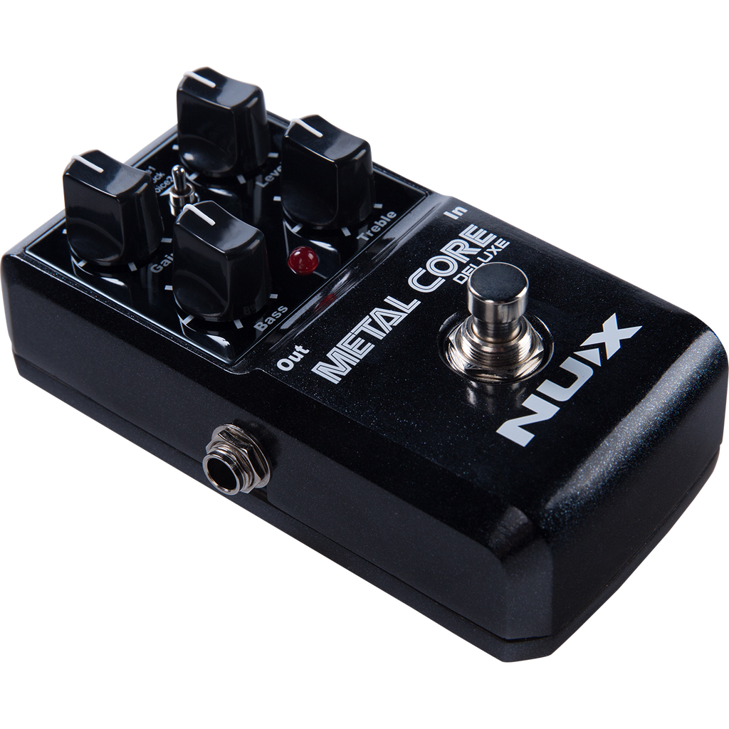 NUX Metal Core Deluxe distortion pedal — angled black stompbox view