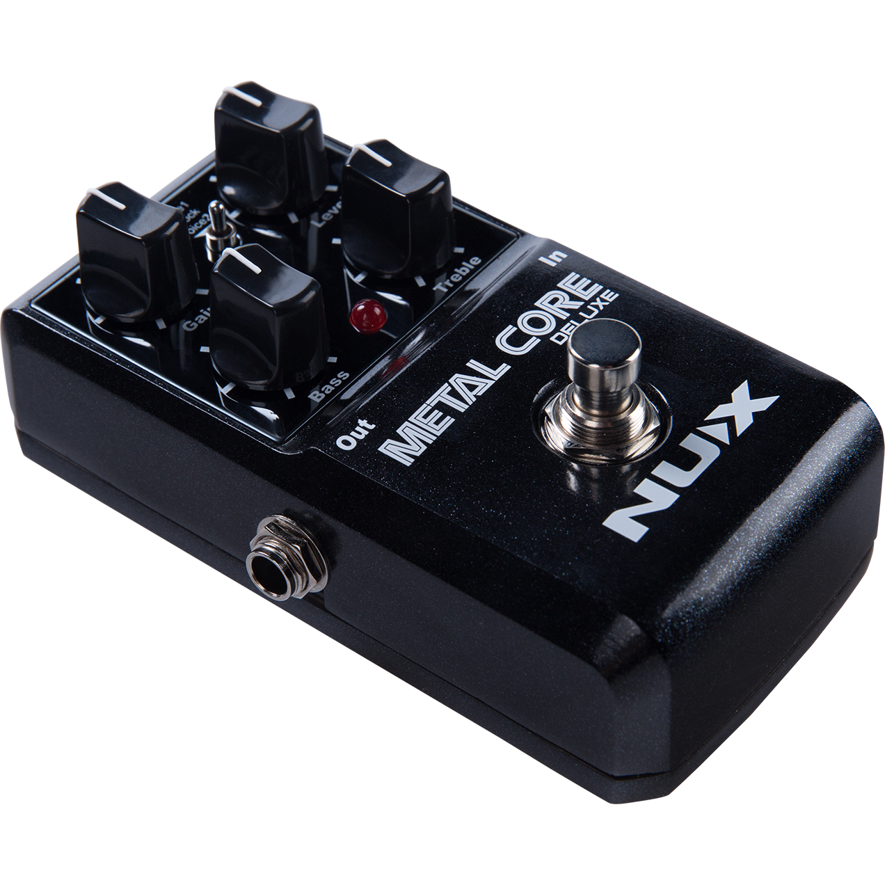 NUX Metal Core Deluxe distortion pedal — angled black stompbox view