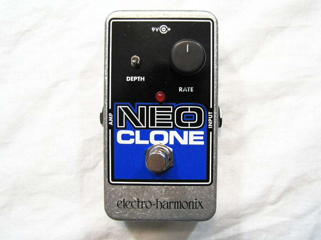 Electro-Harmonix Neo Clone analog chorus pedal — silver enclosure with blue label, top view