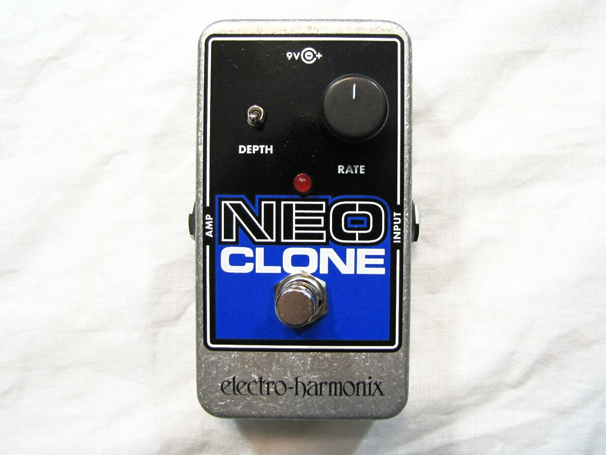 Electro-Harmonix Neo Clone analog chorus pedal — silver enclosure with blue label, top view