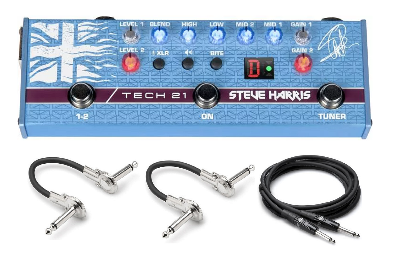 Tech 21 Steve Harris SH1 SansAmp bass preamp pedal — blue, with cables