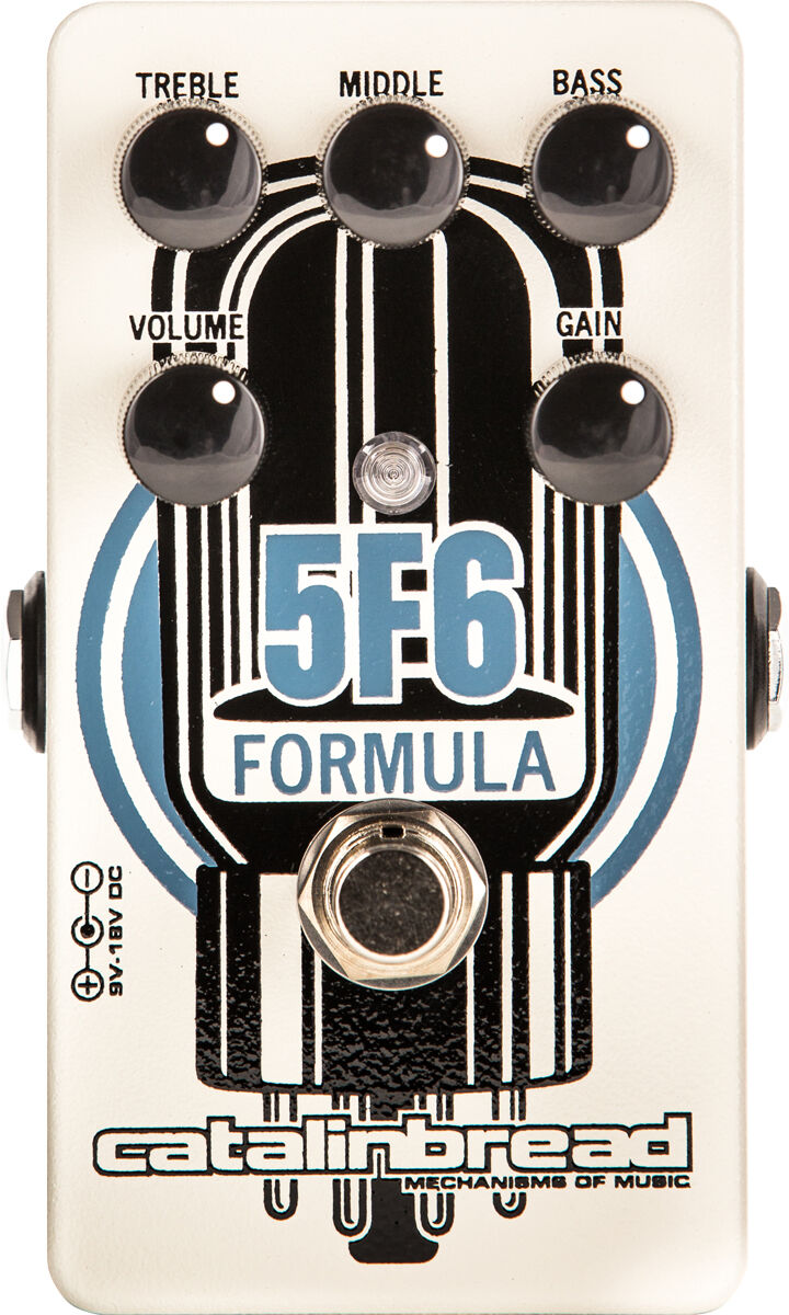 Catalinbread Formula 5F6 overdrive pedal — cream enclosure, top view with knobs