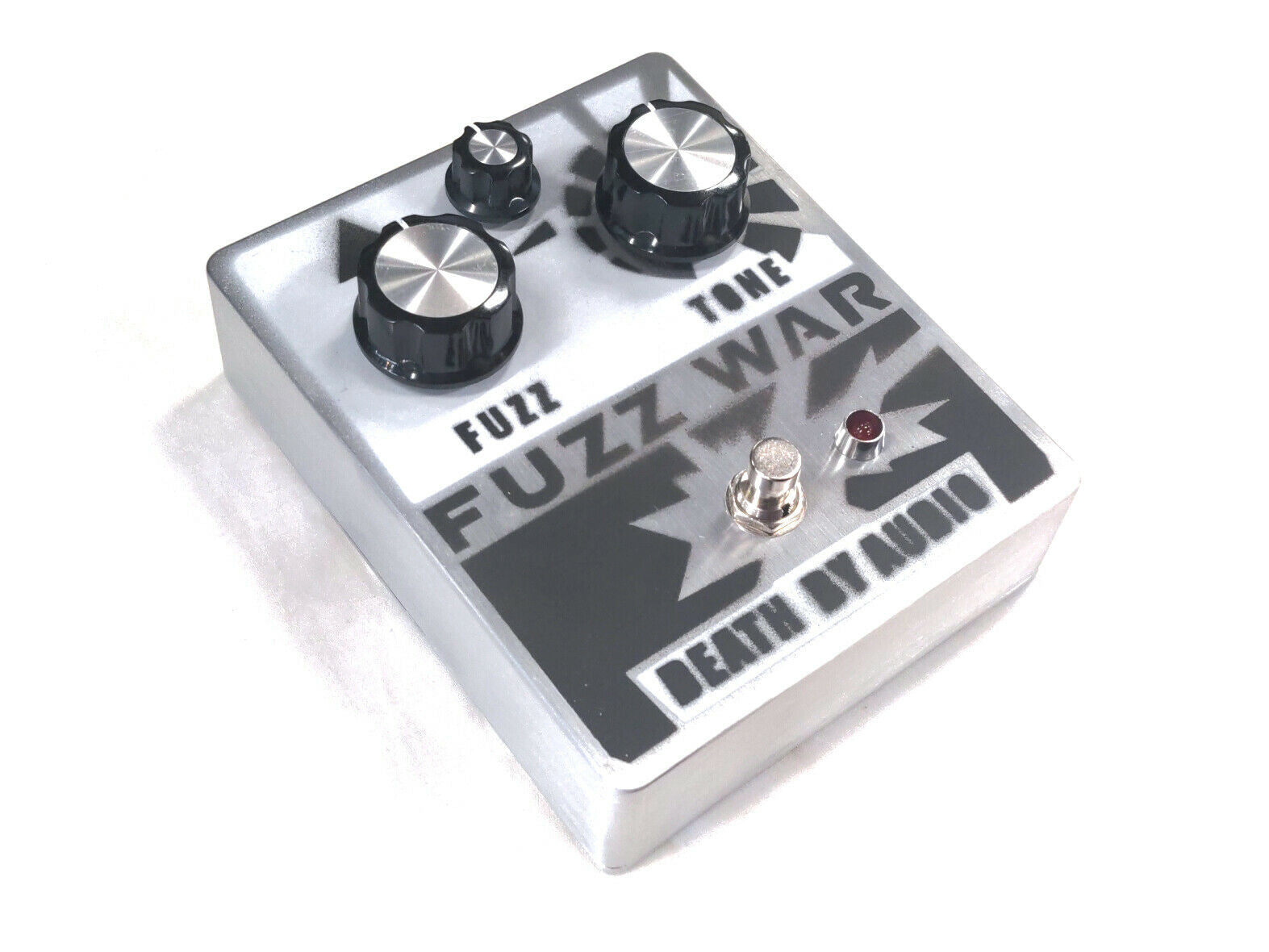 Death By Audio Fuzz War fuzz pedal, silver, angled view