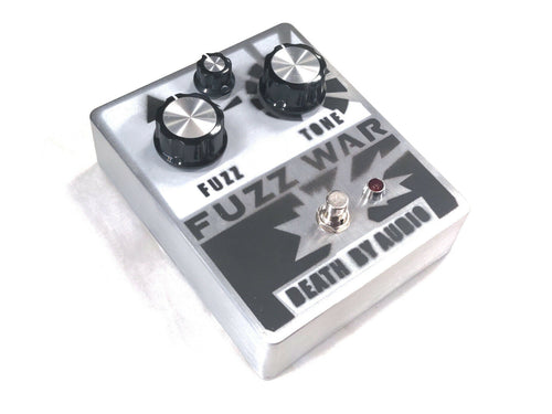 Death By Audio Fuzz War fuzz pedal, silver, angled view