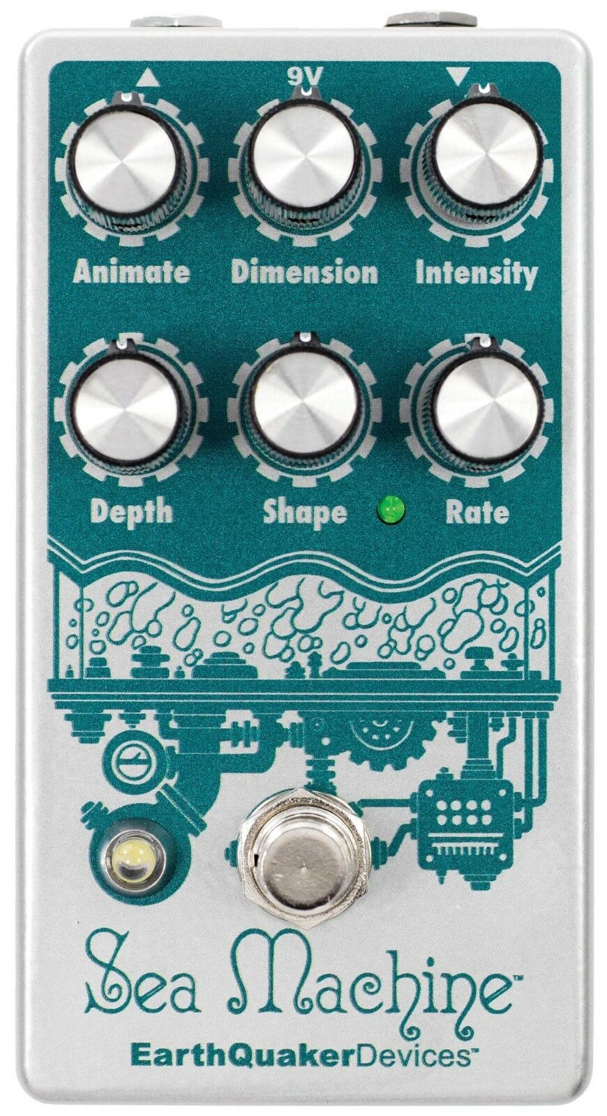 EarthQuaker Devices Sea Machine V3 chorus pedal - front top view, teal and silver enclosure