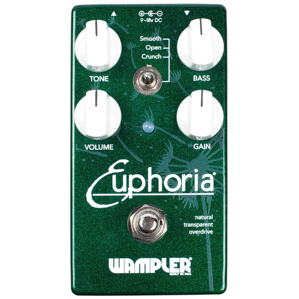 Wampler Euphoria Overdrive pedal — green sparkle enclosure, top view with Tone/Volume/Gain/Bass knobs