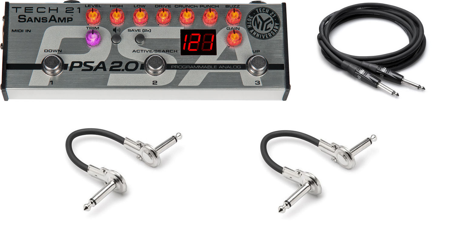 Tech 21 SansAmp PSA 2.0 preamp pedal — silver enclosure shown with included guitar and patch cables