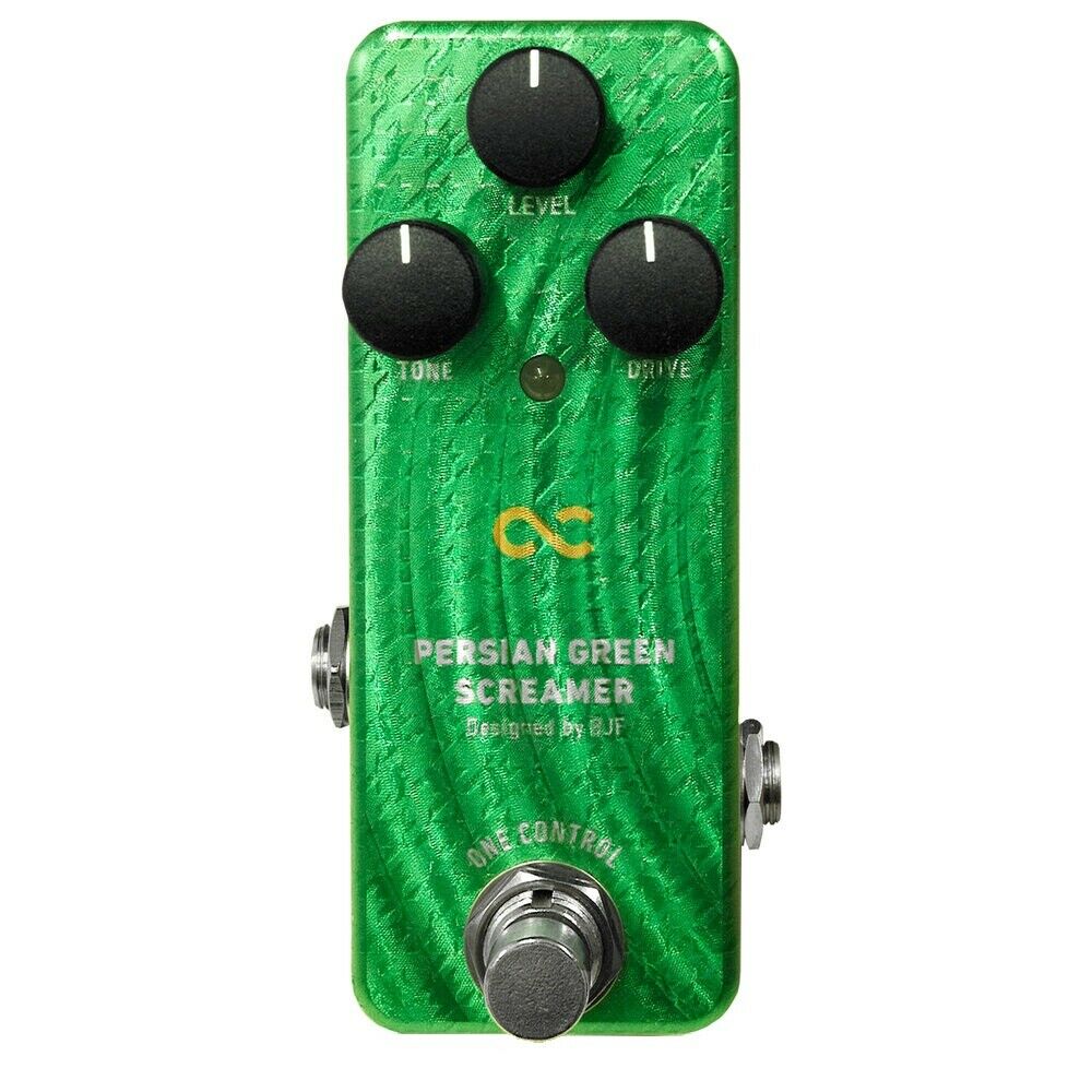 One Control Persian Green Screamer overdrive pedal, bright green textured enclosure, Level, Tone and Drive knobs, Vintage/Modern switch, BJF design