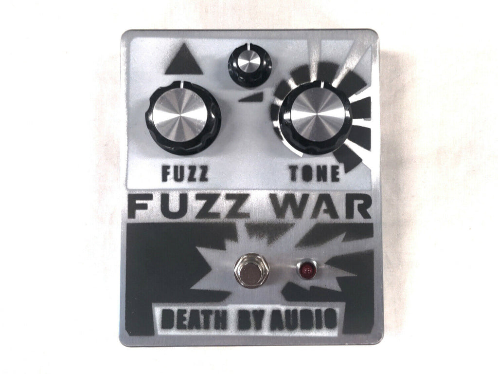 Used Death By Audio Fuzz War fuzz pedal, silver enclosure, top view