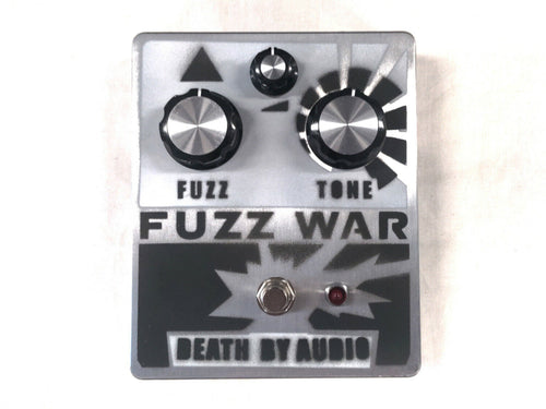 Used Death By Audio Fuzz War fuzz pedal, silver enclosure, top view