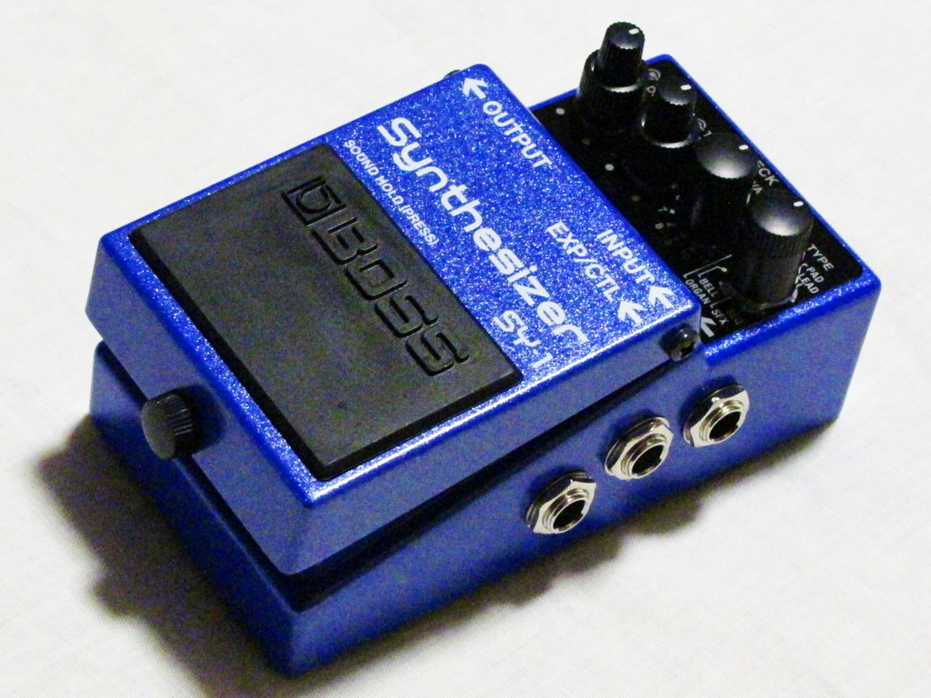 Used Boss SY-1 guitar synthesizer pedal, blue, angled side view