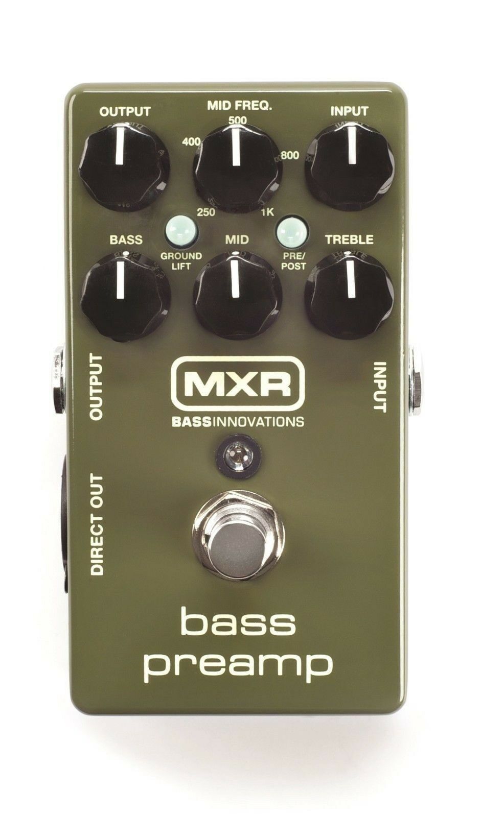 MXR M81 Bass Preamp — dark olive green enclosure, top-down view