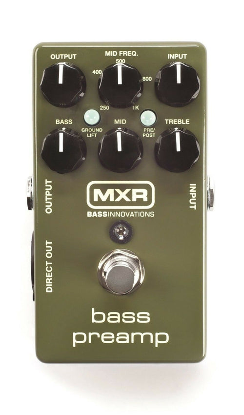 MXR M81 Bass Preamp — dark olive green enclosure, top-down view