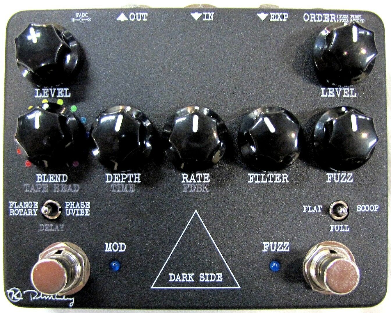 Keeley Dark Side multi-effects pedal — top view, black enclosure with Fuzz, Delay, and Modulation sections