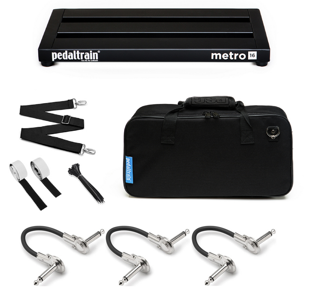Pedaltrain Metro 16 pedalboard — black three-rail board with soft case and accessories