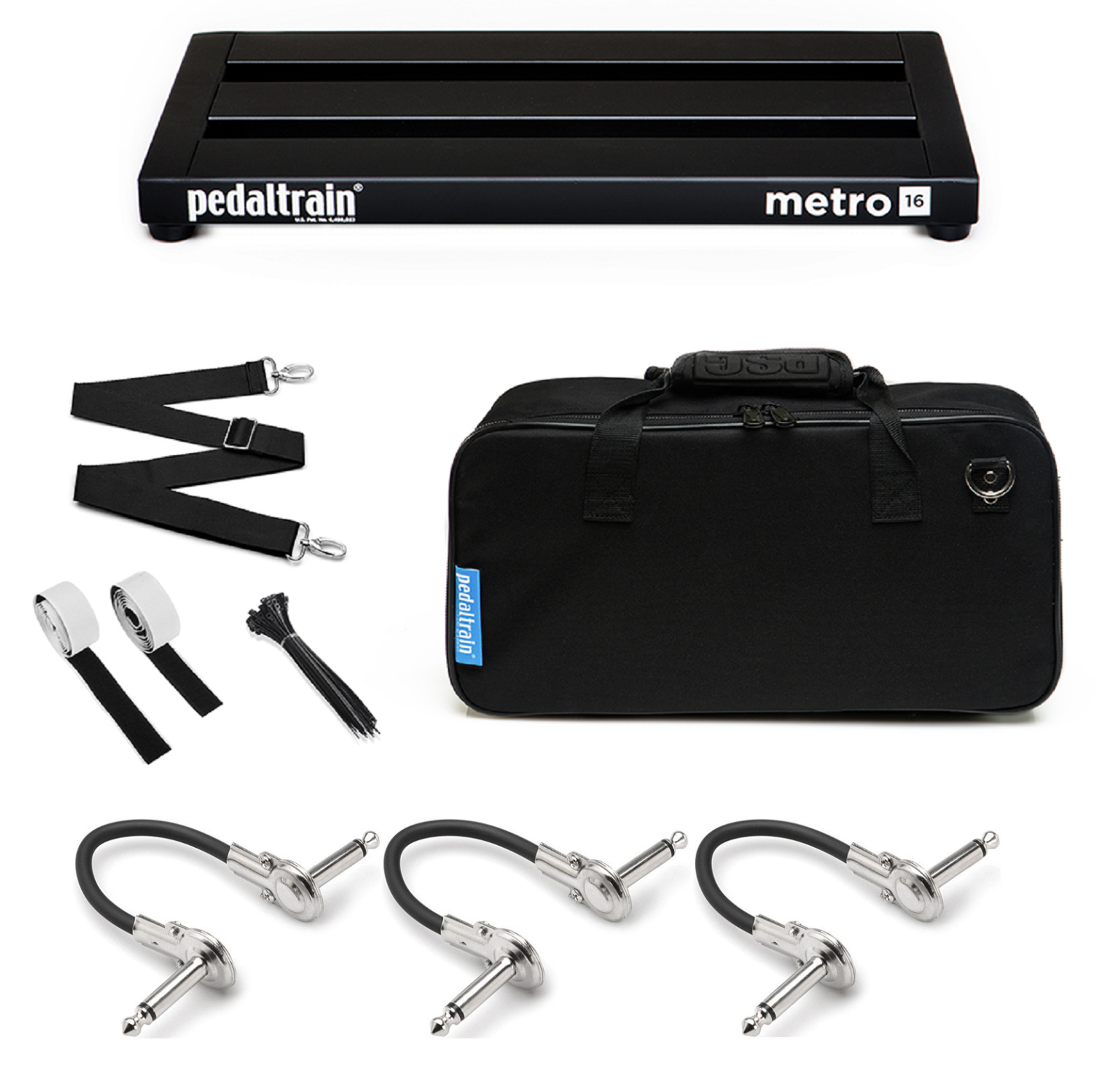 Pedaltrain Metro 16 pedalboard — black three-rail board with soft case and accessories