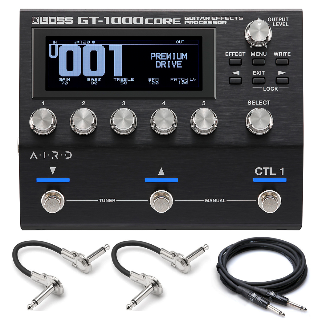 Boss GT-1000CORE black guitar multi-effects processor with instrument and patch cables