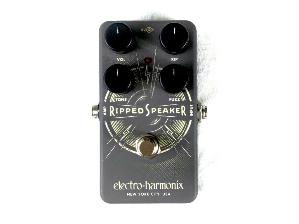 Electro-Harmonix Ripped Speaker fuzz pedal — gray enclosure, top view with knobs