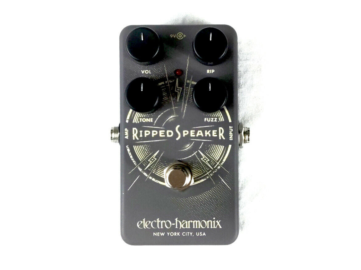 Electro-Harmonix Ripped Speaker fuzz pedal — gray enclosure, top view with knobs