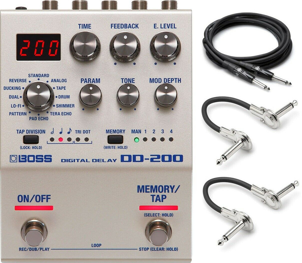 Boss DD-200 digital delay guitar pedal — silver enclosure with cables included