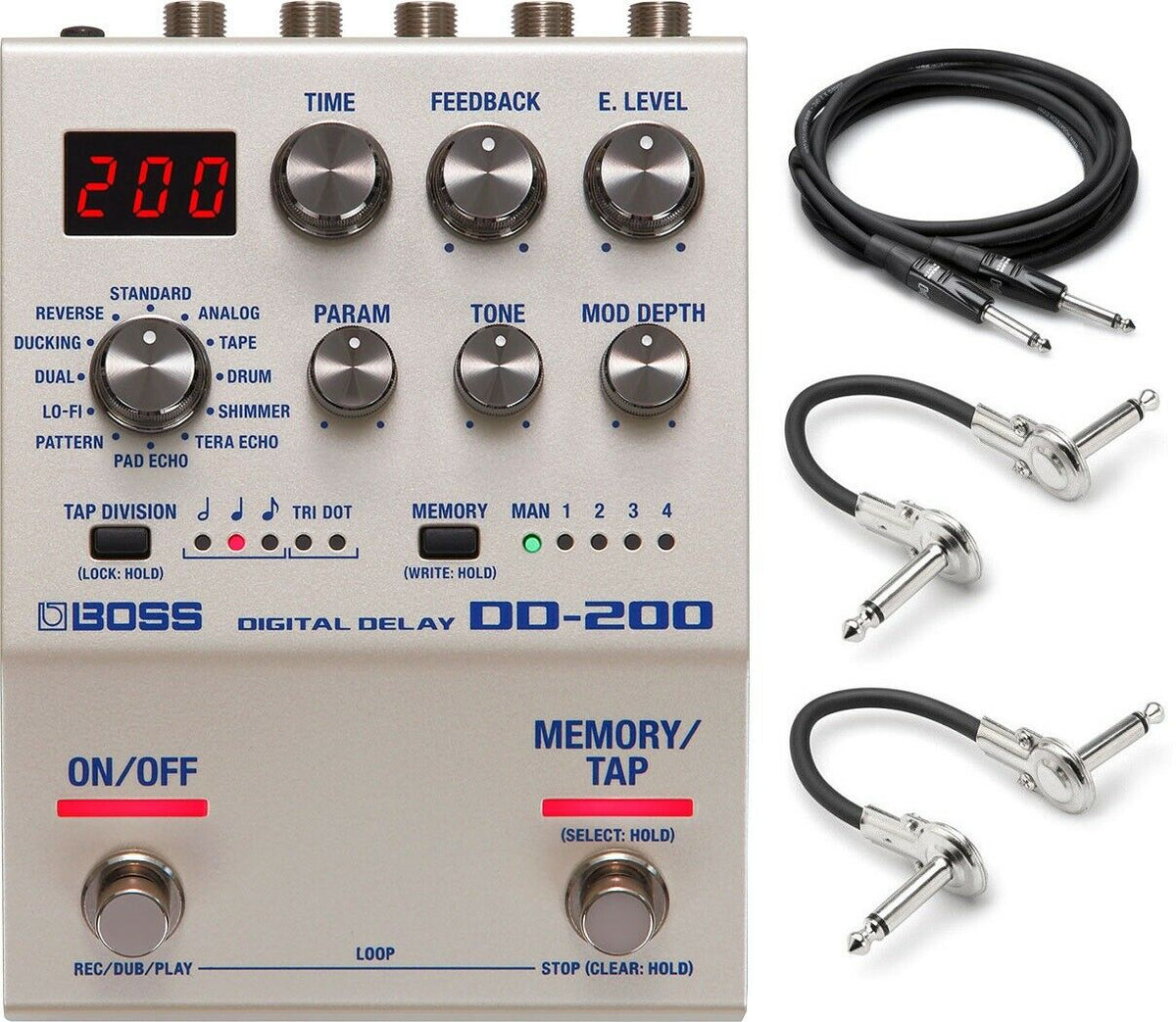 Boss DD-200 digital delay guitar pedal — silver enclosure with cables included