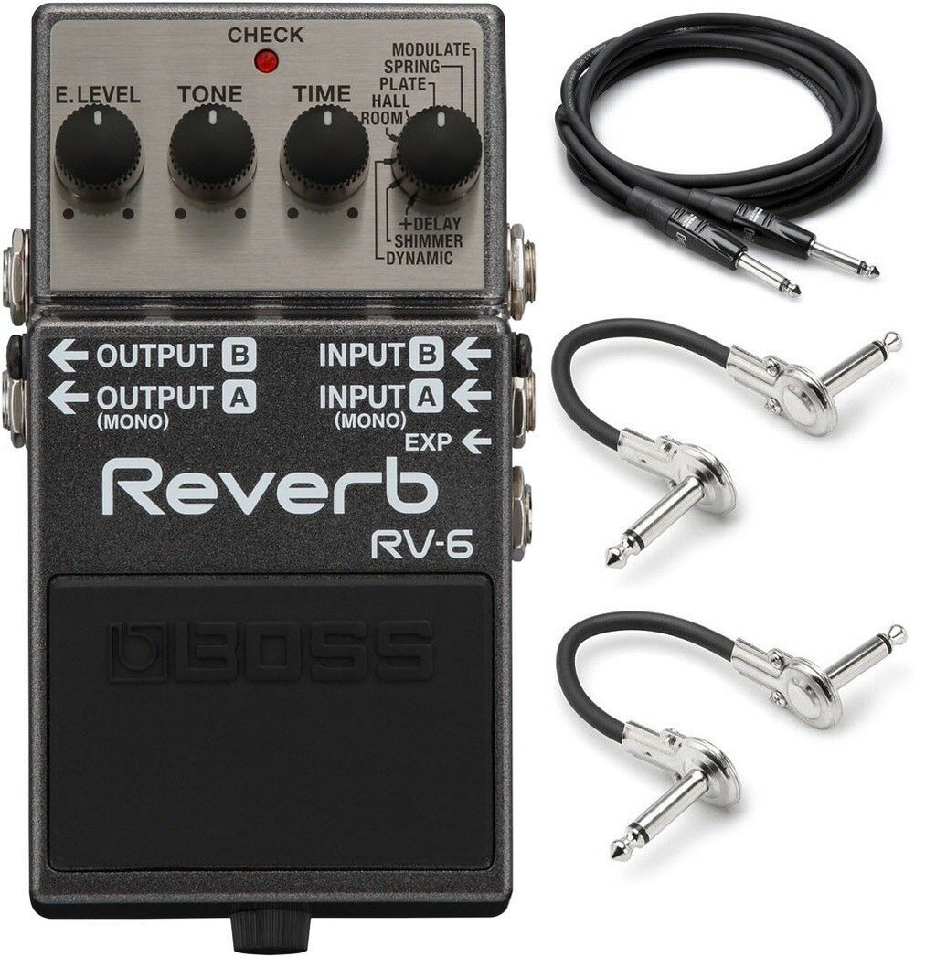 Boss RV-6 digital reverb guitar pedal with included guitar and patch cables