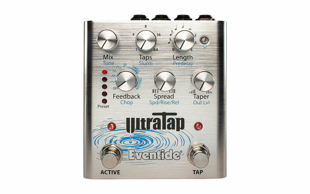 Eventide UltraTap multi-tap delay guitar pedal — silver enclosure, top view with Mix, Taps, Length controls