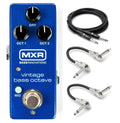 MXR M280 Vintage Bass Octave mini pedal — blue enclosure with patch and instrument cables