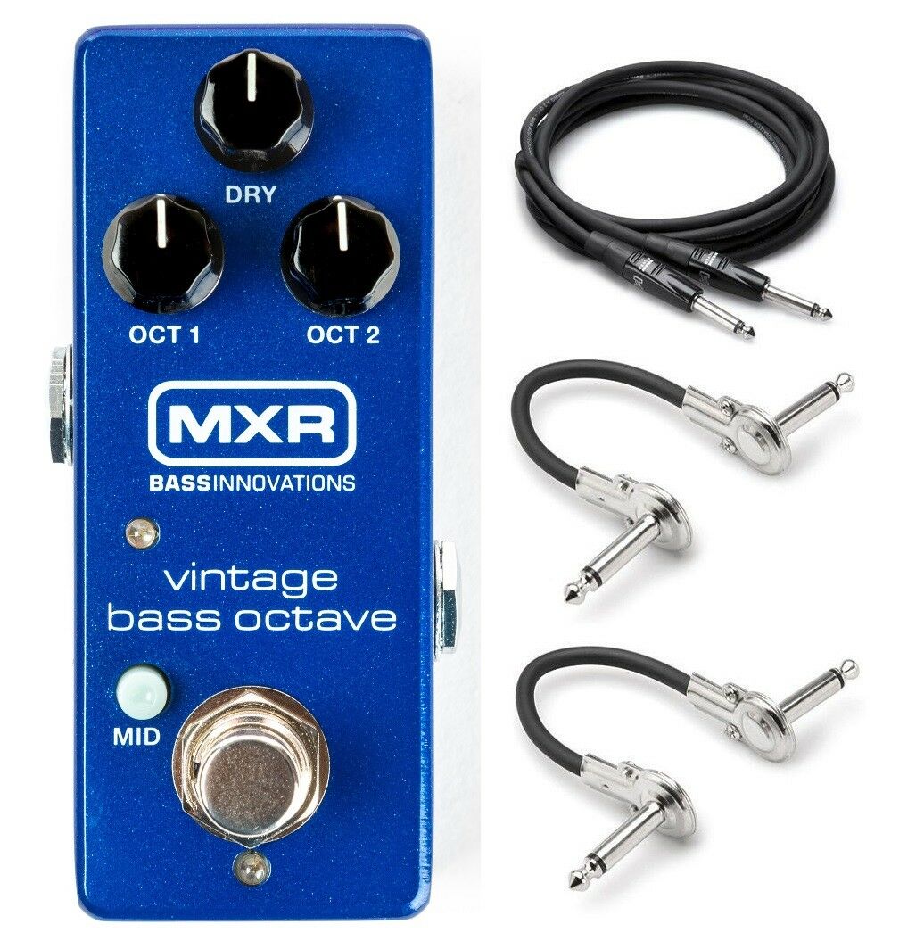 MXR M280 Vintage Bass Octave mini pedal — blue enclosure with patch and instrument cables