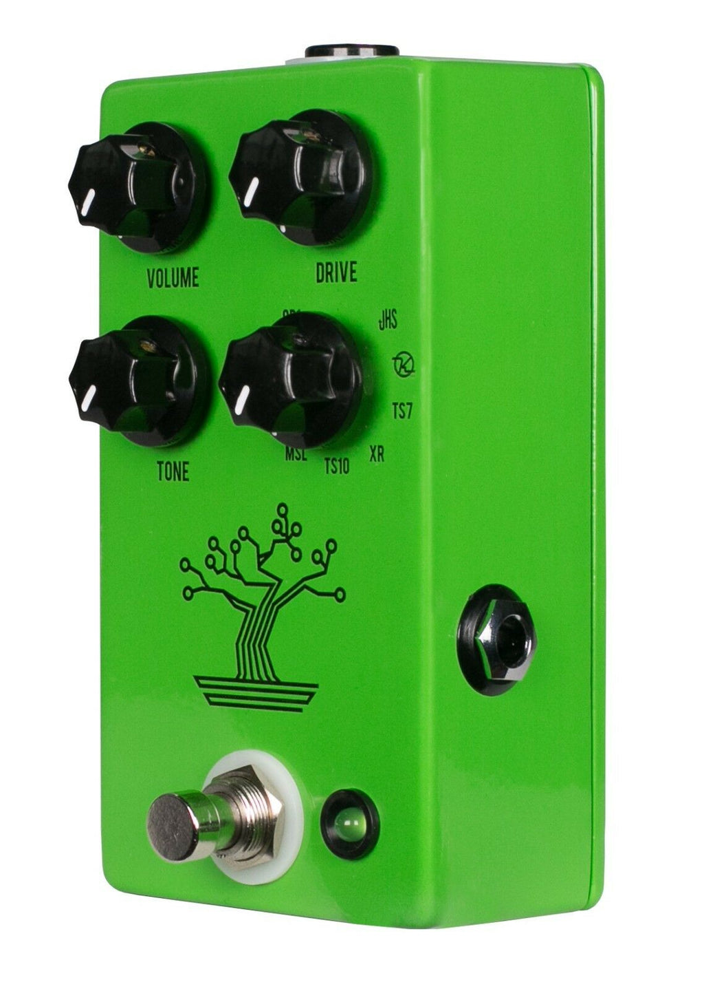 JHS Bonsai overdrive pedal angled side view showing input and output jacks