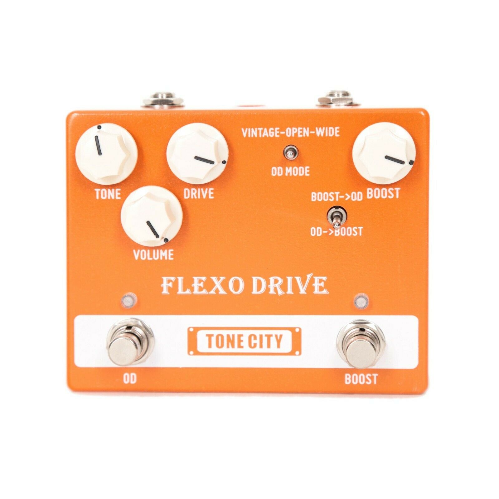 Tone City Flexo Drive orange overdrive boost pedal, Tone Drive Volume Boost knobs, OD and Boost footswitches