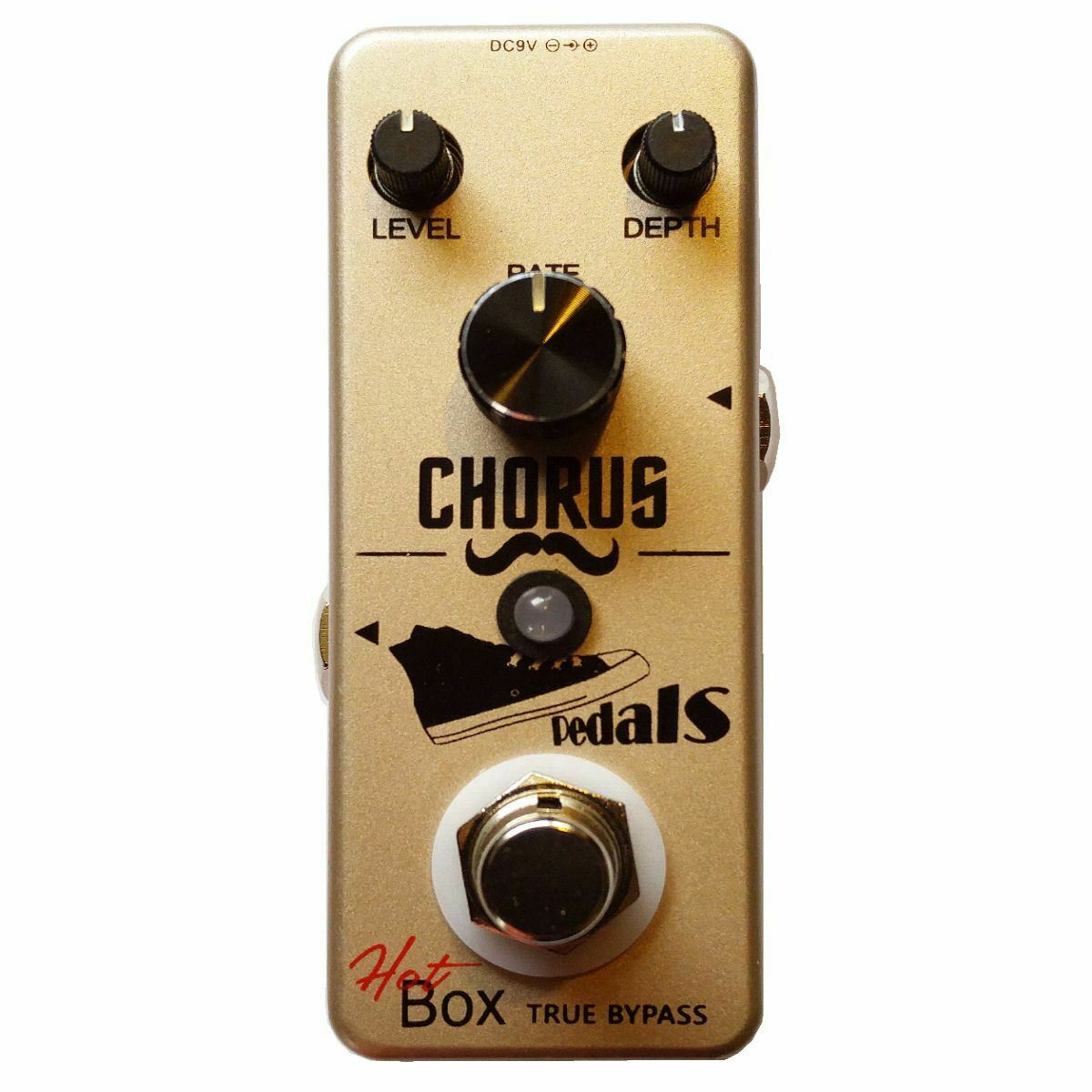 Hot Box Chorus mini pedal — gold enclosure, Level/Depth/Rate knobs, top view