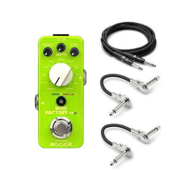 Mooer Mod Factory MKII modulation pedal — green micro enclosure with included cables