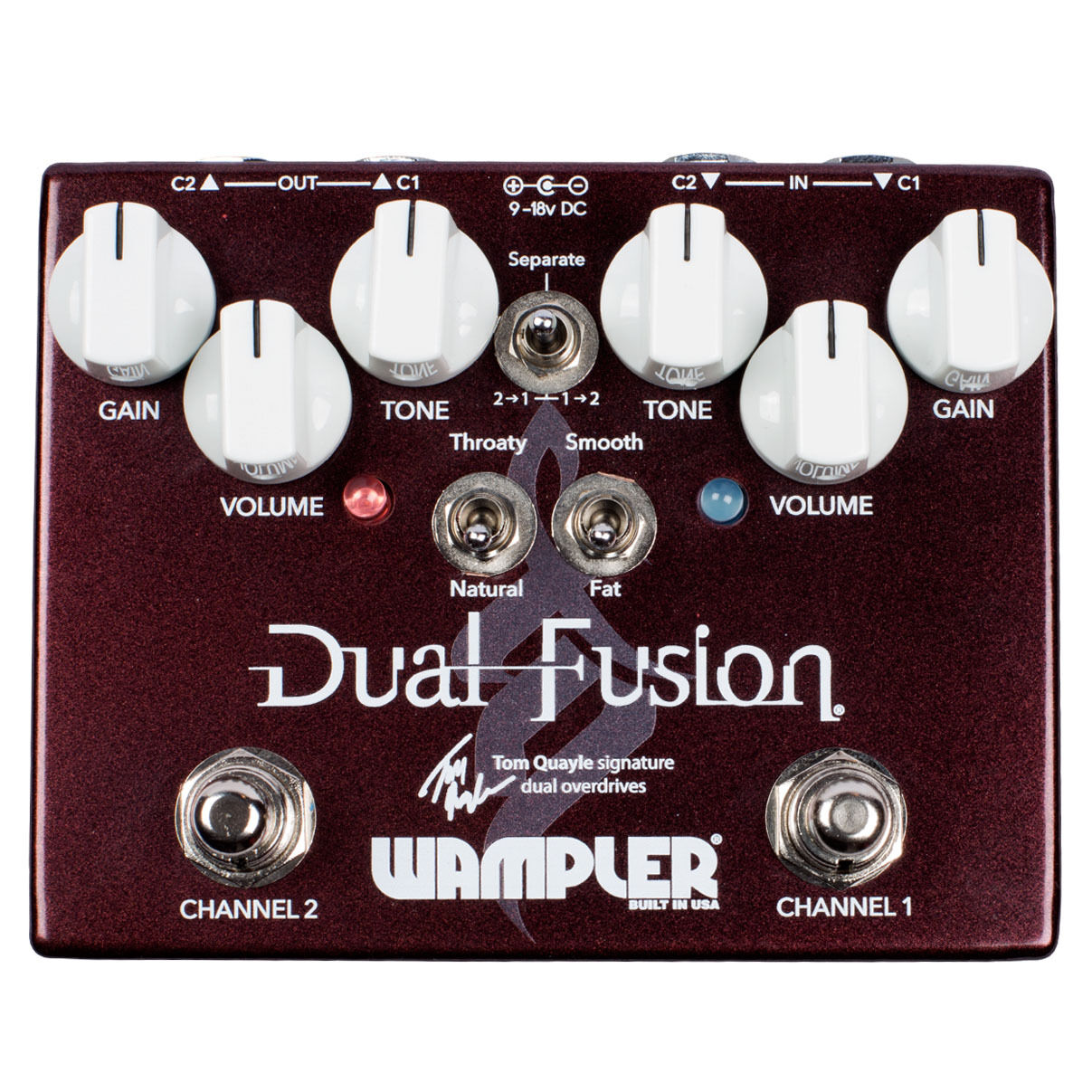 Wampler Dual Fusion Tom Quayle overdrive pedal - burgundy enclosure with white knobs, top view