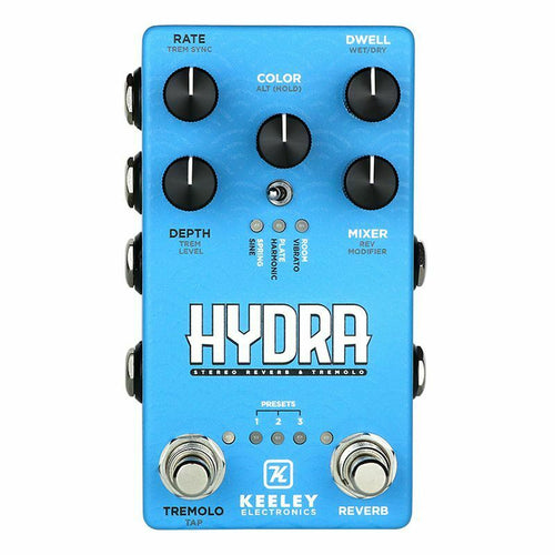 Keeley Hydra stereo reverb and tremolo pedal — angled side view