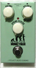 J Rockett Monkeyman tweed overdrive reverb pedal — mint green enclosure, top view
