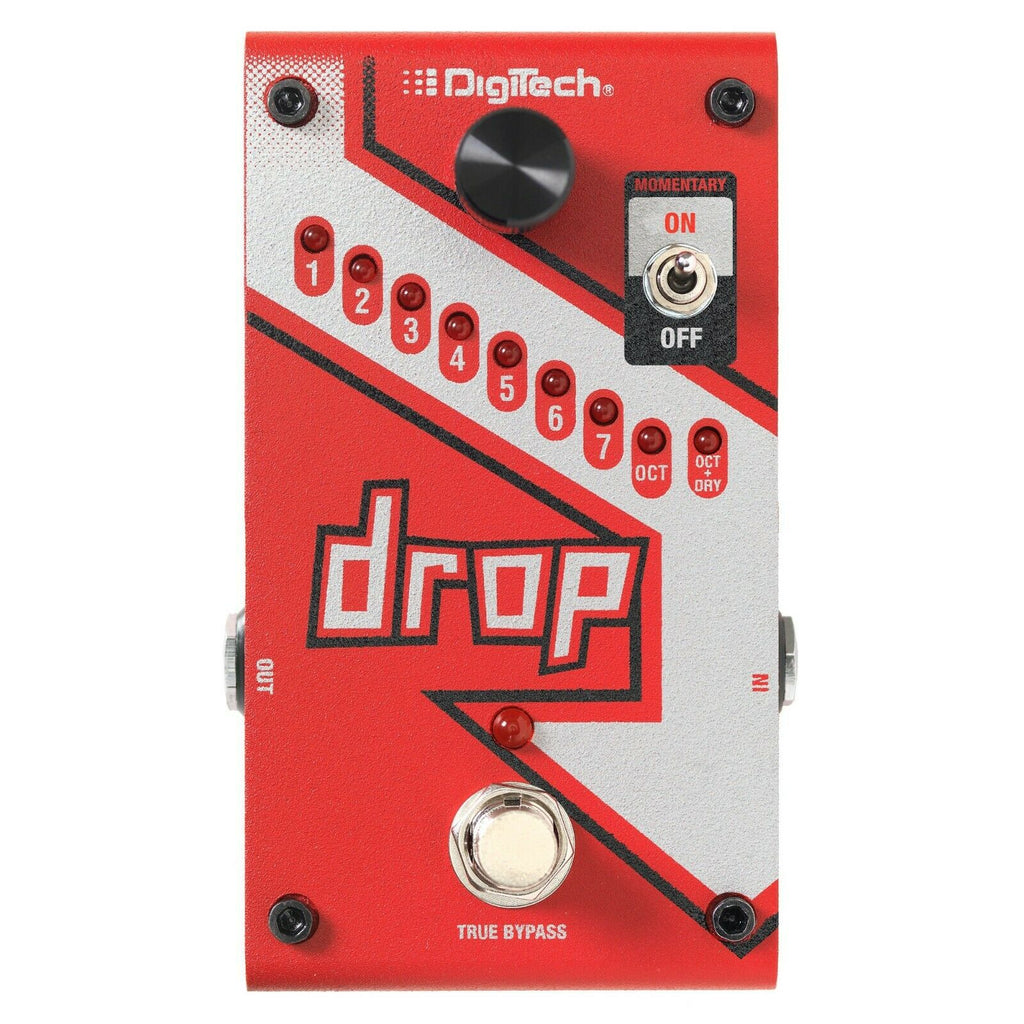 DigiTech Drop drop tune pedal — red enclosure with effect selector and momentary switch