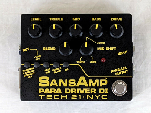 Tech 21 SansAmp Para Driver DI V2 pedal — black enclosure, top view with EQ and Mid Shift controls