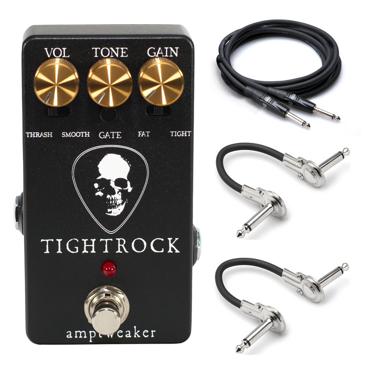 Amptweaker Tight Rock distortion overdrive guitar effects pedal — black enclosure, with Hosa patch cables and guitar cable