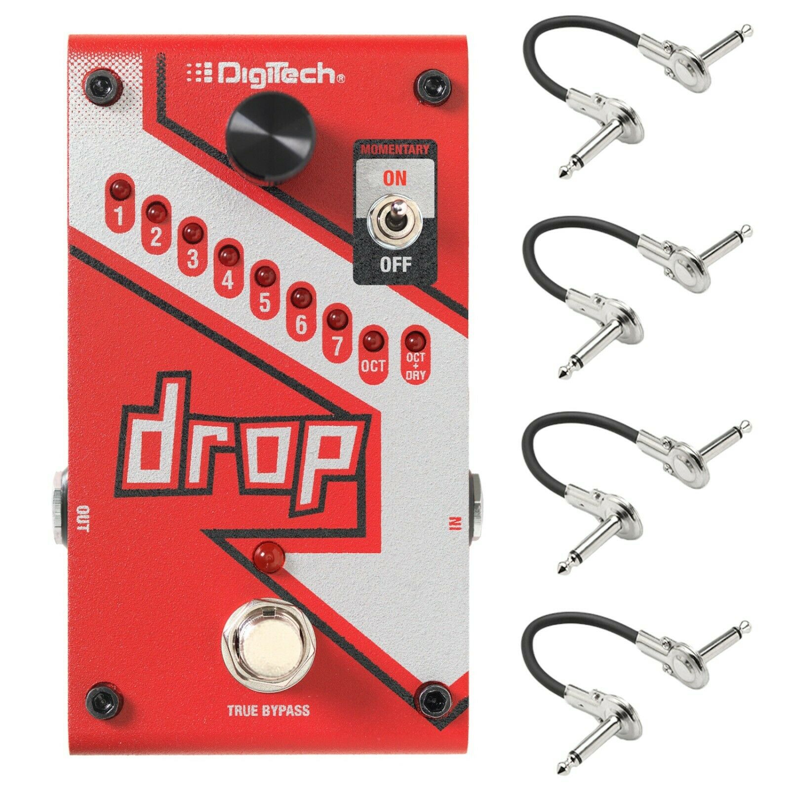 DigiTech Drop polyphonic drop tune pedal in red with included patch cables — top view