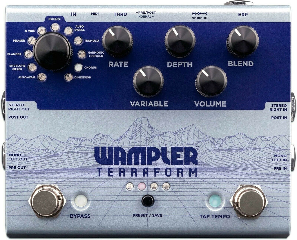 Silver Wampler Terraform multi-modulation guitar effects pedal top view
