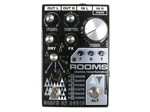 Death By Audio Rooms black stereo reverb guitar pedal top view