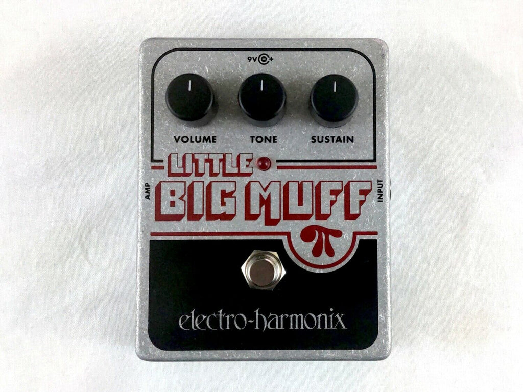 Used Electro-Harmonix Little Big Muff Pi fuzz pedal, silver and black with Volume, Tone, Sustain knobs