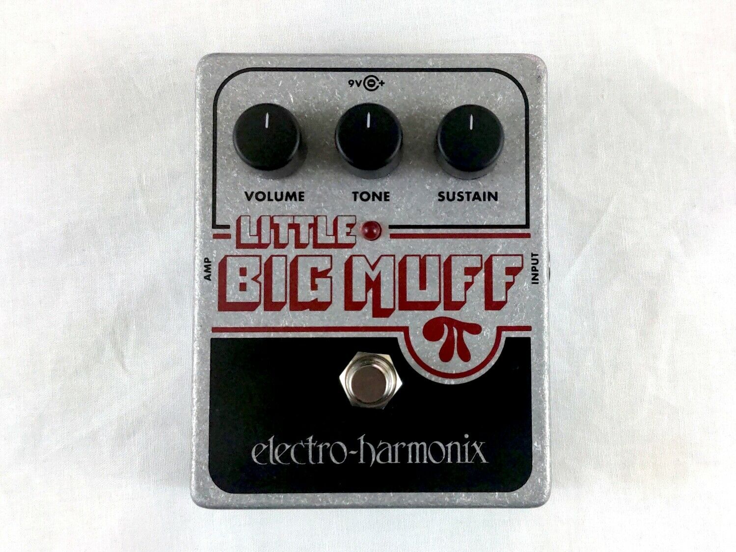 Used Electro-Harmonix Little Big Muff Pi fuzz pedal, silver and black with Volume, Tone, Sustain knobs