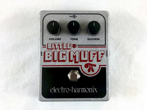Used Electro-Harmonix Little Big Muff Pi fuzz pedal, silver and black with Volume, Tone, Sustain knobs